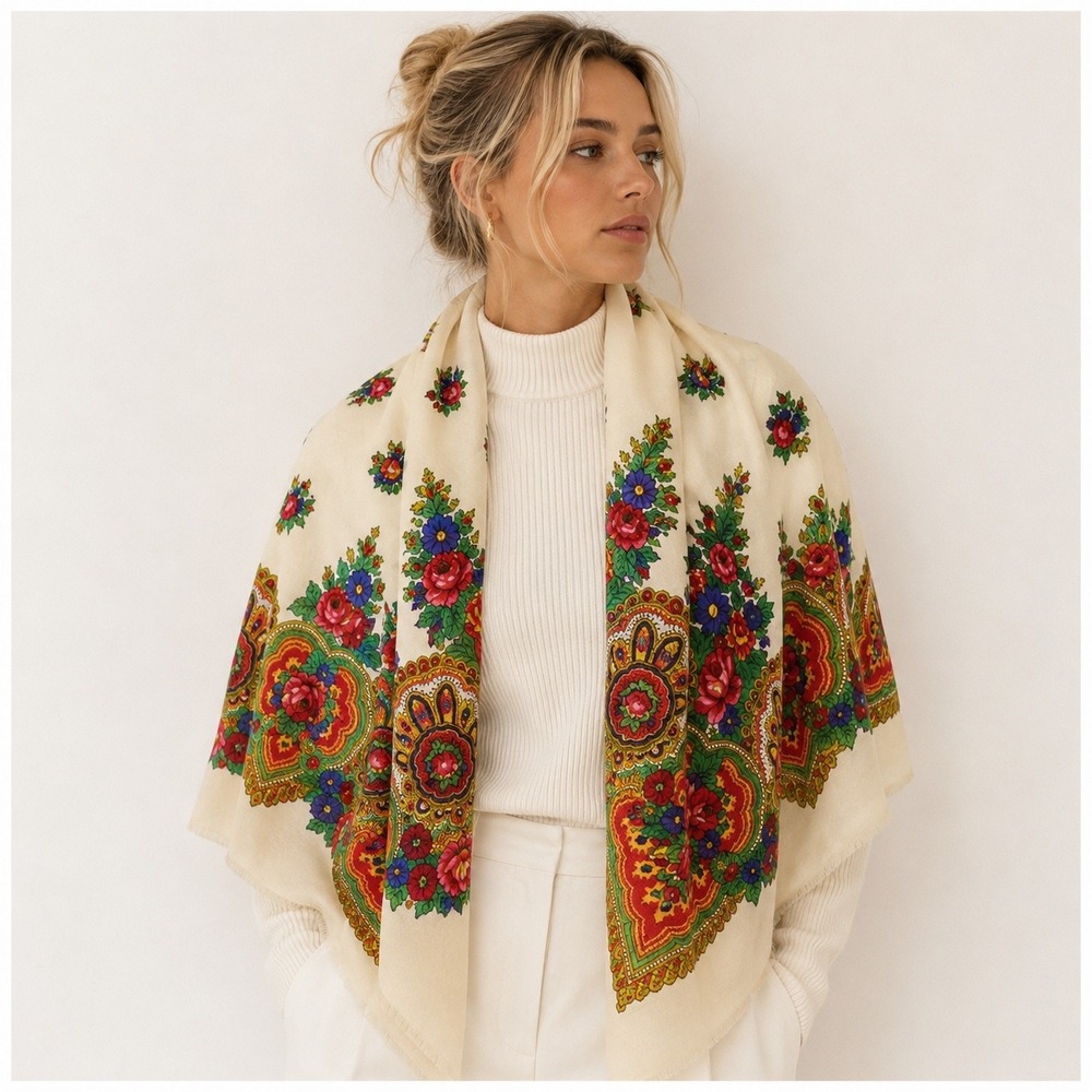 Cream Floral Patterned Women's Wrap Scarf